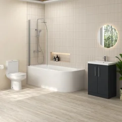 Erin Modern Shower Bath Suite with 1700mm J Shaped Bath & Rimless Toilet