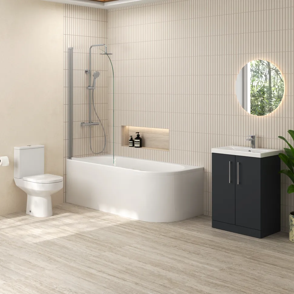 Erin Modern Shower Bath Suite with 1700mm J Shaped Bath & Rimless Toilet