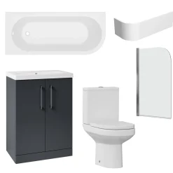 Erin Modern Shower Bath Suite with 1700mm J Shaped Bath & Rimless Toilet