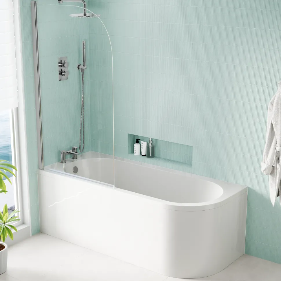 Erin Modern Shower Bath Suite with 1700mm J Shaped Bath & Rimless Toilet