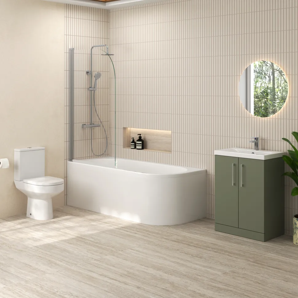 Erin Modern Shower Bath Suite with 1700mm J Shaped Bath & Rimless Toilet