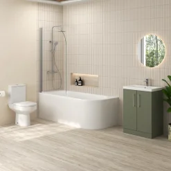 Erin Modern Shower Bath Suite with 1700mm J Shaped Bath & Rimless Toilet