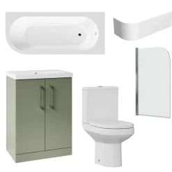 Erin Modern Shower Bath Suite with 1700mm J Shaped Bath & Rimless Toilet