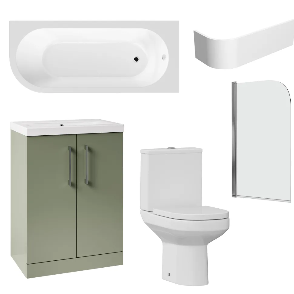 Erin Modern Shower Bath Suite with 1700mm J Shaped Bath & Rimless Toilet