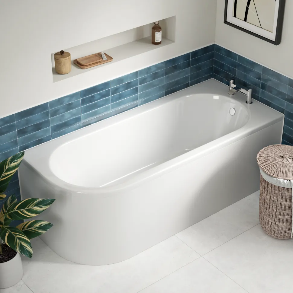 Erin Modern Shower Bath Suite with 1700mm J Shaped Bath & Rimless Toilet