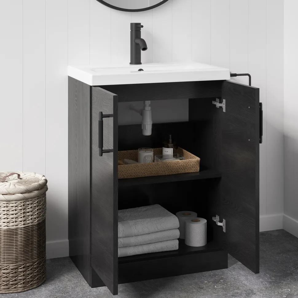 Erin Rimless Toilet & Vanity Unit Bathroom Suite with Matt Black Handles