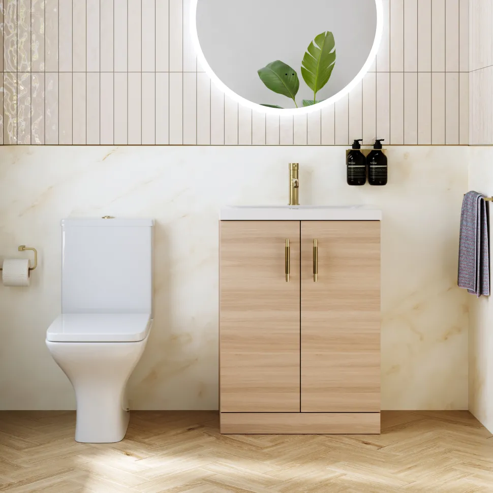Erin Rimless Toilet & Vanity Unit Bathroom Set with Brushed Brass Handles