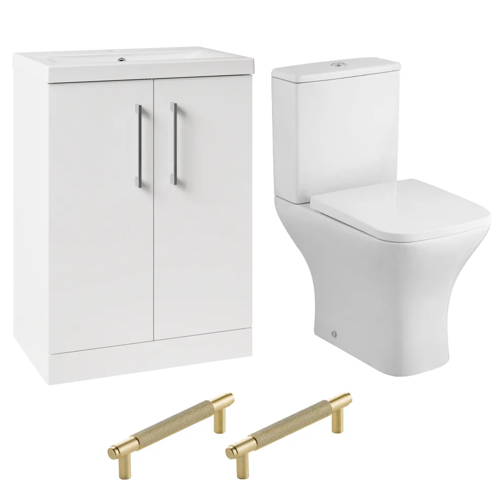 Erin Rimless Toilet & Vanity Unit Bathroom Set with Brushed Brass Handles