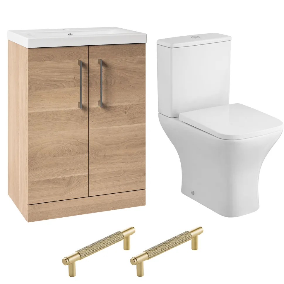 Erin Rimless Toilet & Vanity Unit Bathroom Set with Brushed Brass Handles
