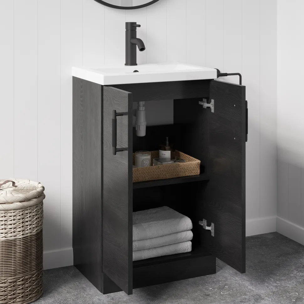 Erin Rimless Toilet & Vanity Unit Bathroom Suite Set with Brushed Brass Handles