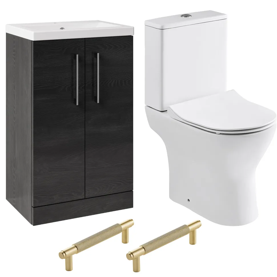 Erin Rimless Toilet & Vanity Unit Bathroom Suite Set with Brushed Brass Handles