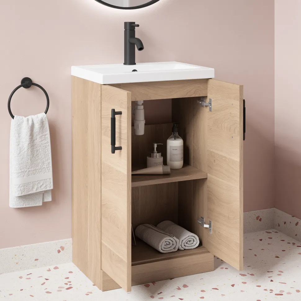 Erin Rimless Toilet & Vanity Unit Bathroom Suite Set with Brushed Brass Handles