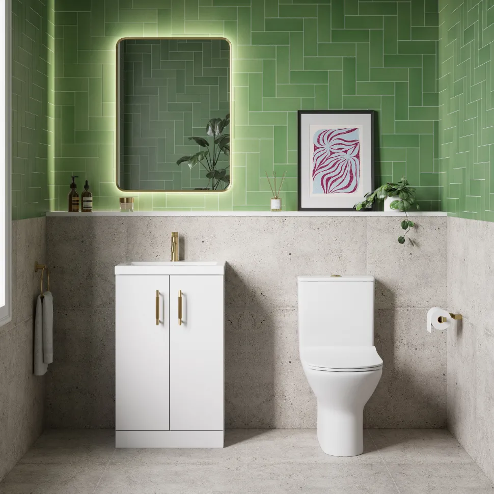 Erin Rimless Toilet & Vanity Unit Bathroom Suite Set with Brushed Brass Handles