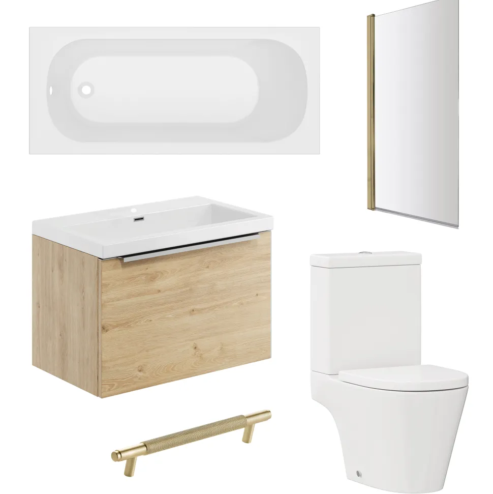 Freddie Brushed Brass Reinforced Shower Bath Suite with Rimless Toilet