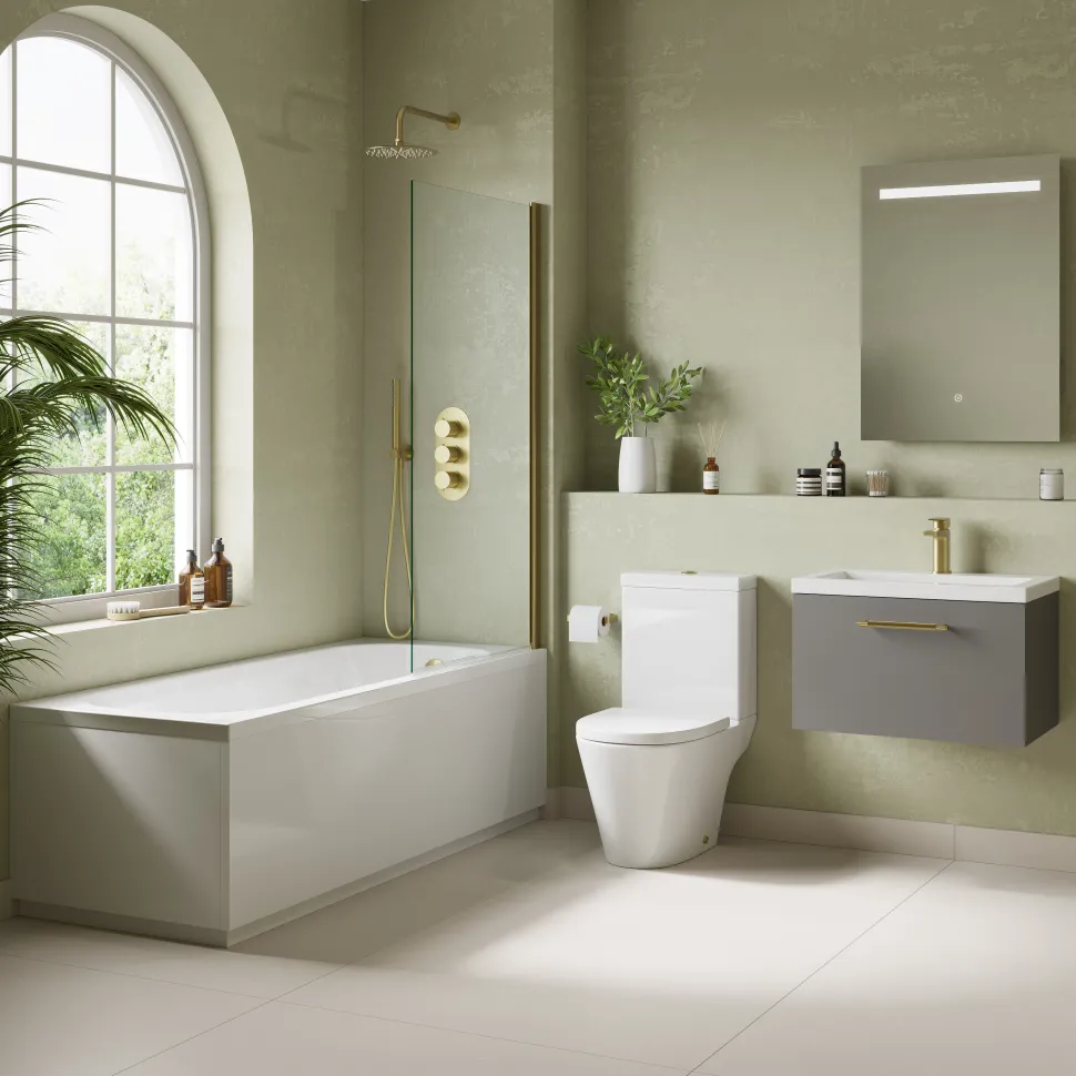 Freddie Brushed Brass Reinforced Shower Bath Suite with Rimless Toilet