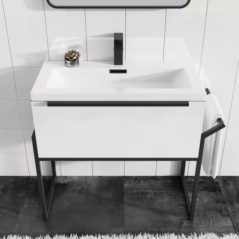 Freddie 800mm Wall Hung Vanity Unit & Basin with Matt Black Frame