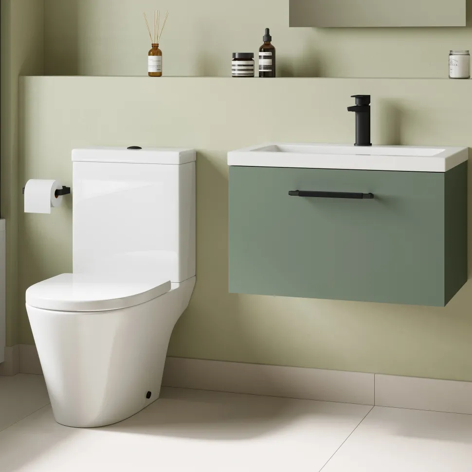 Freddie Rimless Toilet & Vanity Unit Bathroom Suite with Matt Black Handles