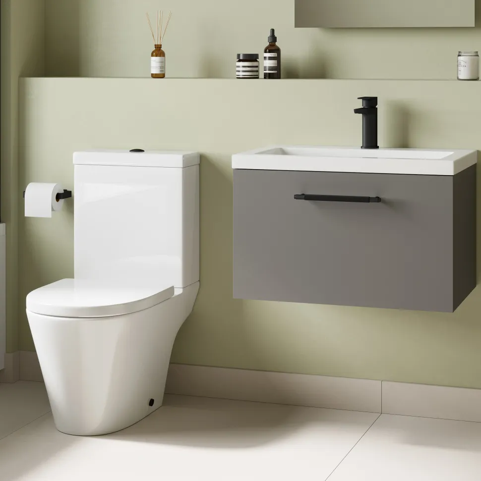 Freddie Rimless Toilet & Vanity Unit Bathroom Suite with Matt Black Handles