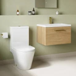 Freddie Rimless Toilet & Vanity Unit Bathroom Suite with Brushed Brass Handles