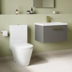 Freddie Rimless Toilet & Vanity Unit Bathroom Suite with Brushed Brass Handles