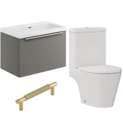 Freddie Rimless Toilet & Vanity Unit Bathroom Suite with Brushed Brass Handles