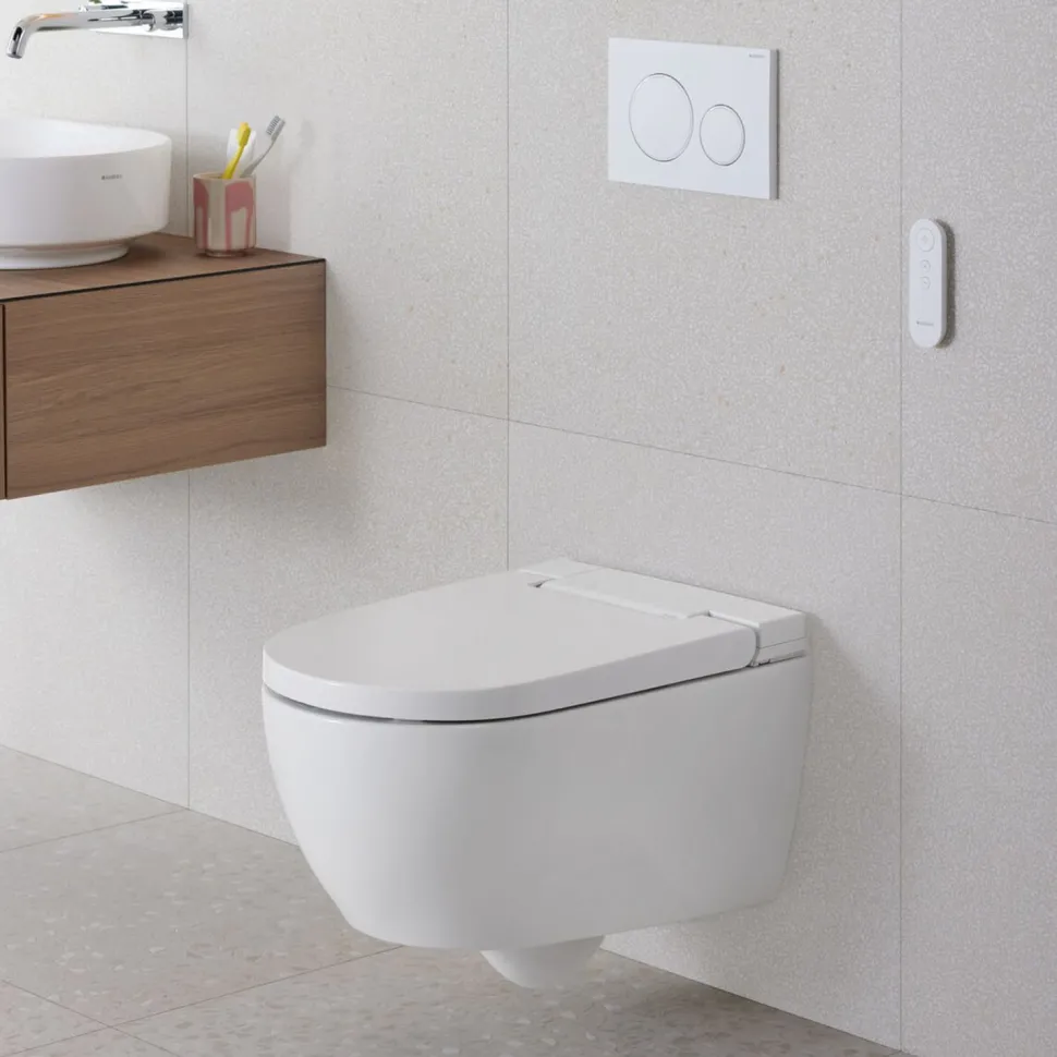 Geberit AquaClean Alba Rimless Wall Hung Smart Toilet with Wrap Over Soft Close Seat & Remote Control