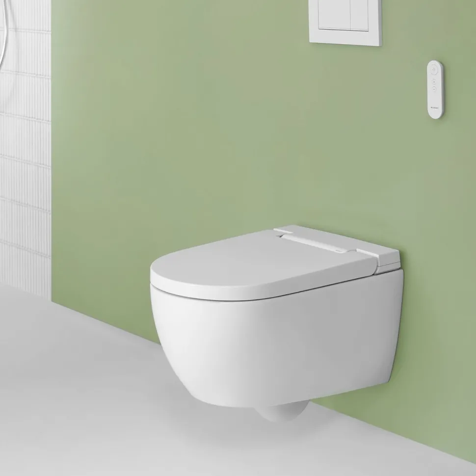 Geberit AquaClean Alba Rimless Wall Hung Smart Toilet with Wrap Over Soft Close Seat & Remote Control
