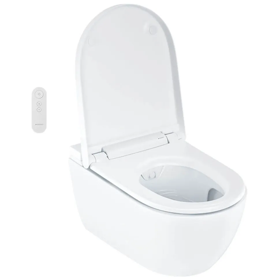 Geberit AquaClean Alba Rimless Wall Hung Smart Toilet with Wrap Over Soft Close Seat & Remote Control