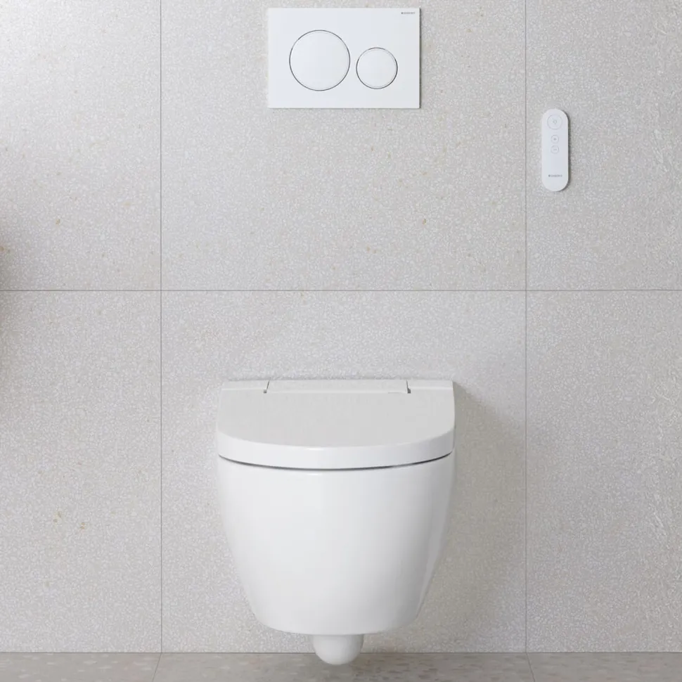 Geberit AquaClean Alba Rimless Wall Hung Smart Toilet with Wrap Over Soft Close Seat & Remote Control