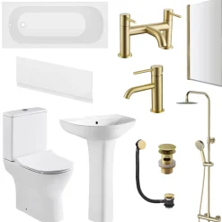 Harbour Acclaim Complete Brushed Brass Bathroom Suite with Reinforced Shower Bath & Rimless Toilet