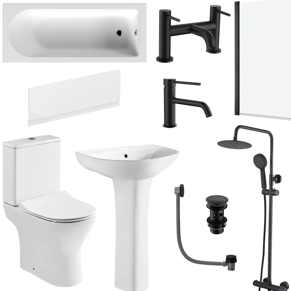 Harbour Acclaim Complete Matt Black Bathroom Suite with Shower Bath & Rimless Toilet