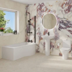 Harbour Acclaim Complete Matt Black Bathroom Suite with 1700mm P Shaped Shower Bath & Rimless Toilet