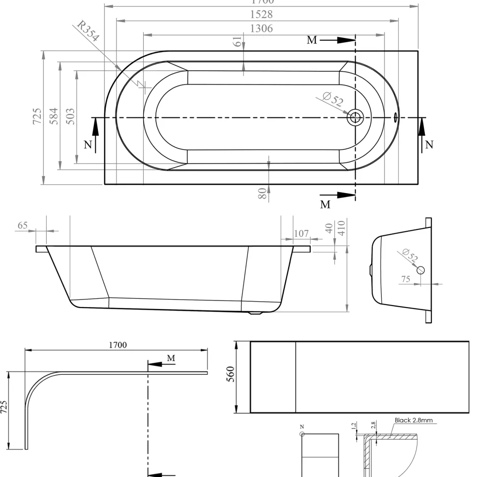 Harbour Acclaim 1700mm J Shaped Shower Bath Suite with Rimless Toilet