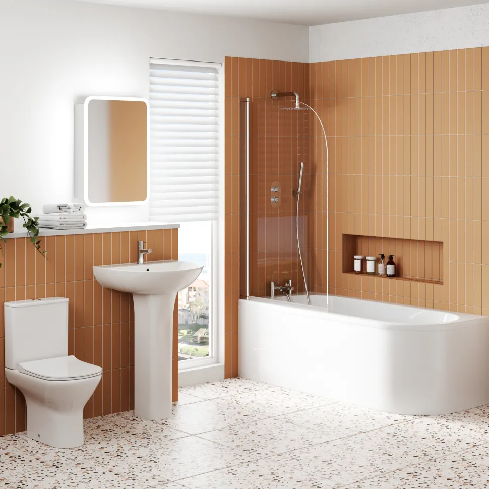 Harbour Acclaim 1700mm J Shaped Shower Bath Suite with Rimless Toilet