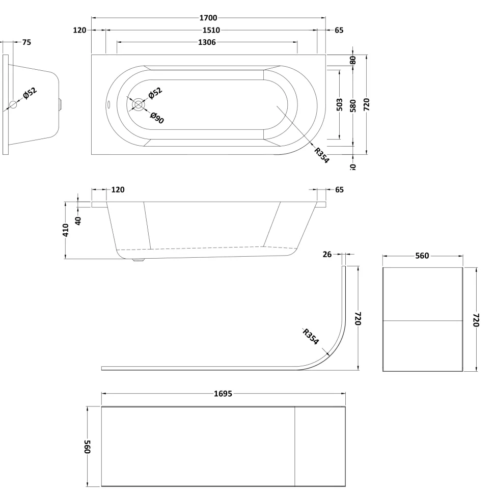 Harbour Acclaim 1700mm J Shaped Shower Bath Suite with Rimless Toilet