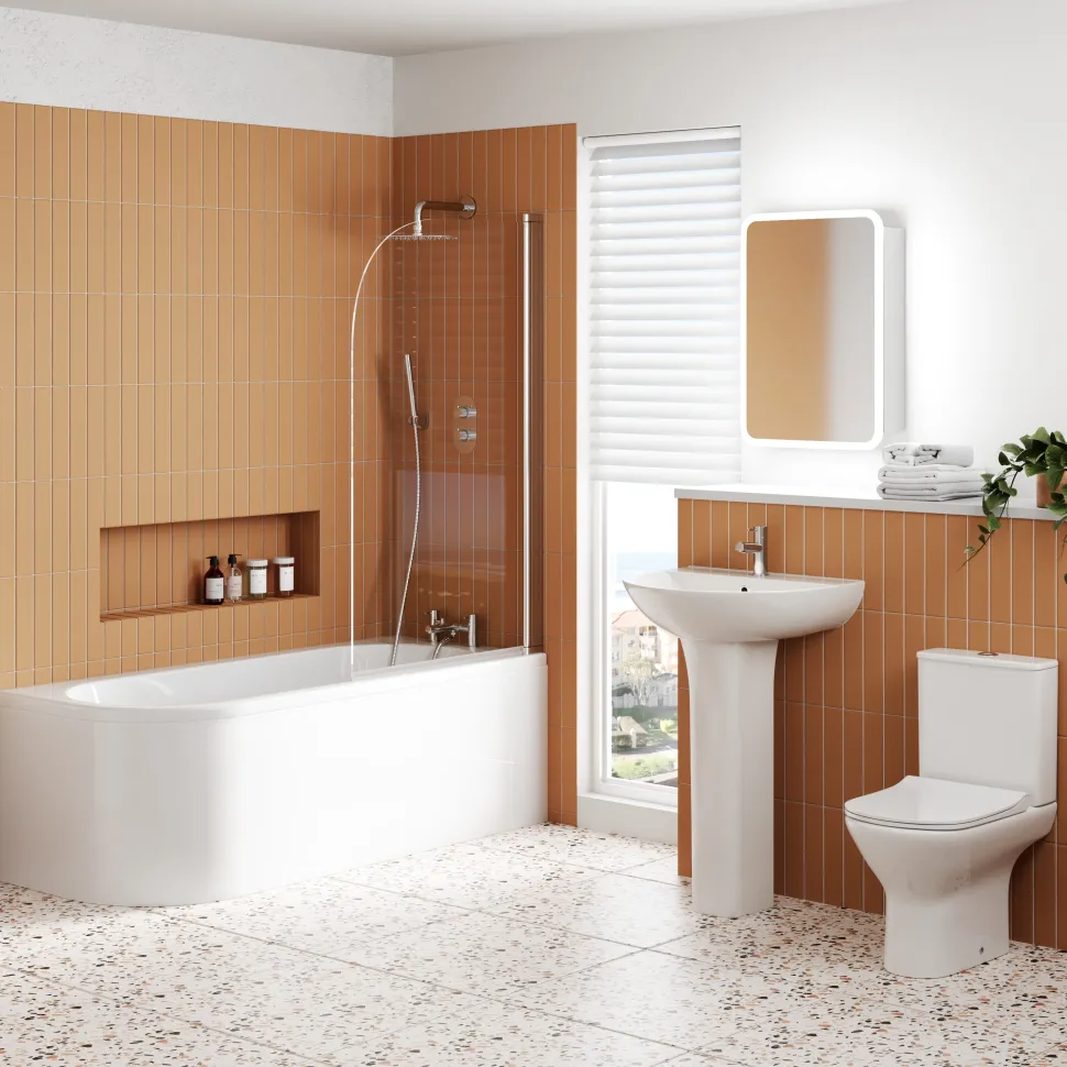 Harbour Acclaim 1700mm J Shaped Shower Bath Suite with Rimless Toilet