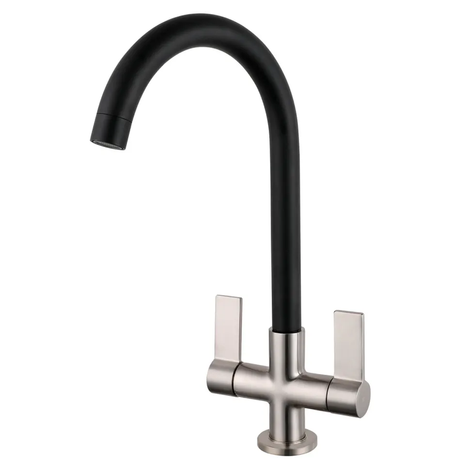 Harbour Alchemy Twin Lever Mono Kitchen Mixer Tap - Brushed Nickel & Black