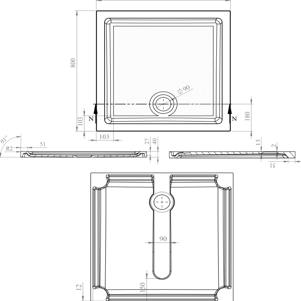 Harbour Anti Slip Gel Coated Stone Resin Square Shower Tray - 2 Sizes