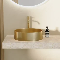 Harbour Brushed Brass Round PVD Countertop Basin with Waste - 377mm