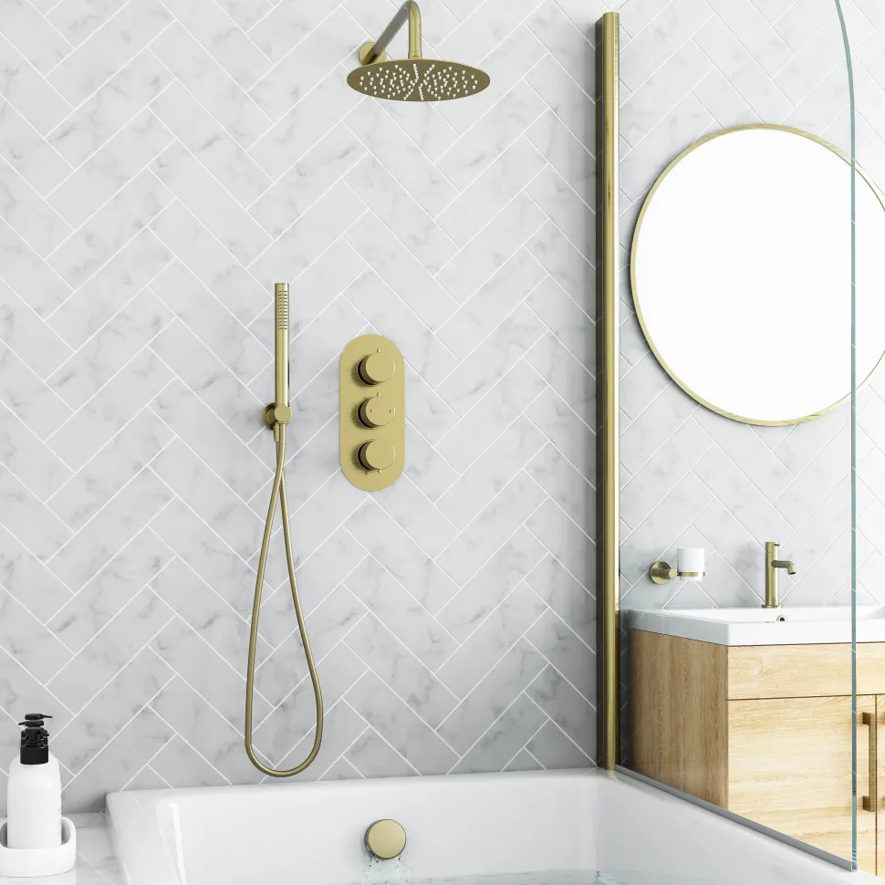 Harbour Clarity Brushed Brass Shower Package with 3 Outlet Valve, Fixed Head & Arm, Wall Shower Kit and Overflow Bath Filler