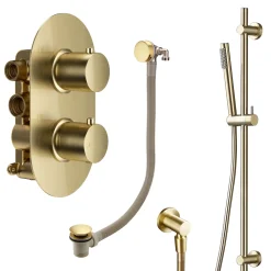 Harbour Clarity Brushed Brass Shower Package with 2 Outlet Valve, Slide Rail Kit and Overflow Bath Filler