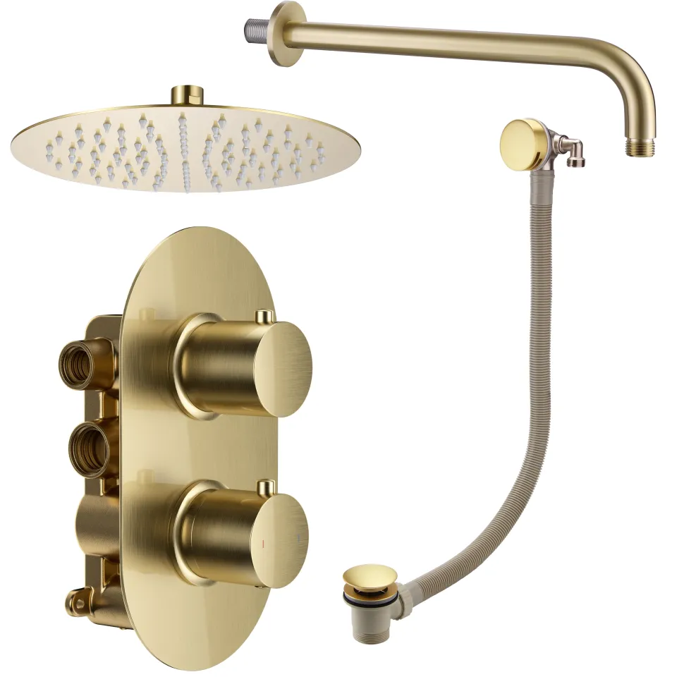 Harbour Clarity Brushed Brass Shower Package with 2 Outlet Valve, Fixed Head & Arm and Overflow Bath Filler