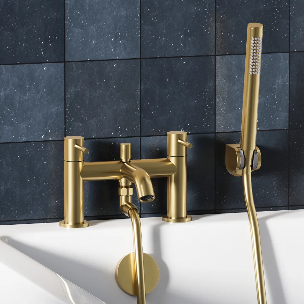 Harbour Clarity Brushed Brass Basin Mixer Tap & Waste and Bath Shower Mixer Tap with Shower Kit