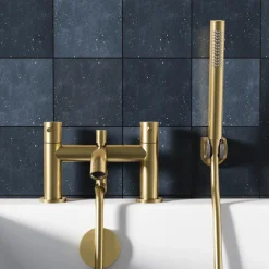 Harbour Clarity Brushed Brass Basin Mixer Tap & Waste and Bath Shower Mixer Tap with Shower Kit