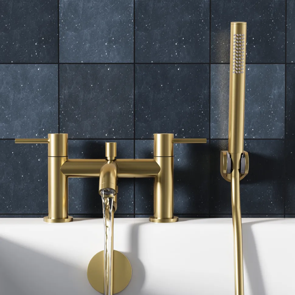 Harbour Clarity Brushed Brass Basin Mixer Tap & Waste and Bath Shower Mixer Tap with Shower Kit