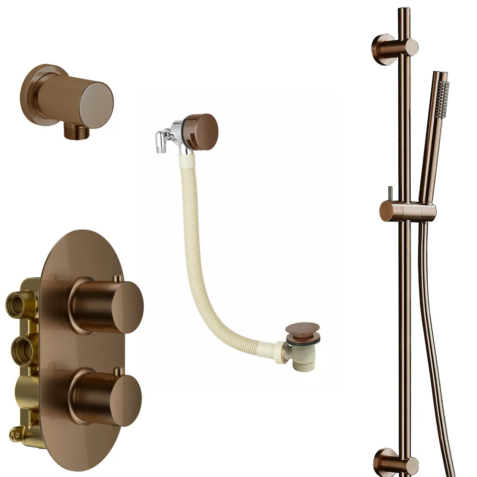 Harbour Clarity Brushed Bronze Shower Package with 2 Outlet Valve, Slide Rail Kit and Overflow Bath Filler