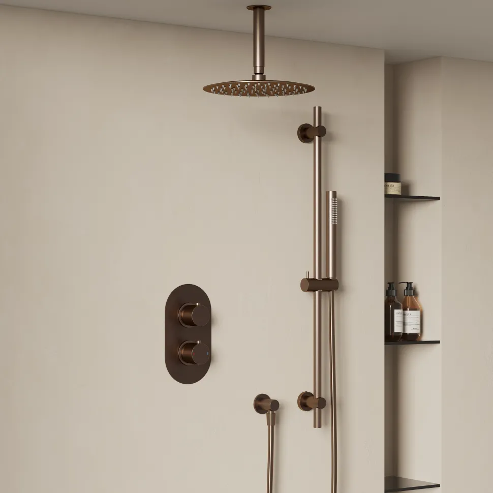 Harbour Clarity Brushed Bronze Shower Package with 2 Outlet Valve, Fixed Head & Ceiling Arm and Slide Rail Shower Kit