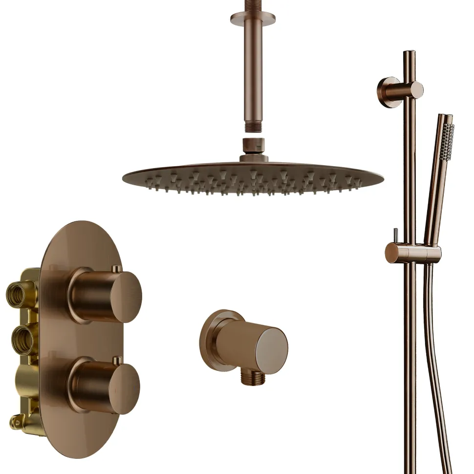 Harbour Clarity Brushed Bronze Shower Package with 2 Outlet Valve, Fixed Head & Ceiling Arm and Slide Rail Shower Kit