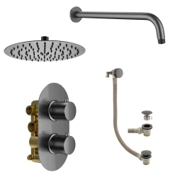 Harbour Clarity Gunmetal Shower Package with 2 Outlet Valve, Fixed Head & Wall Arm and Overflow Bath Filler
