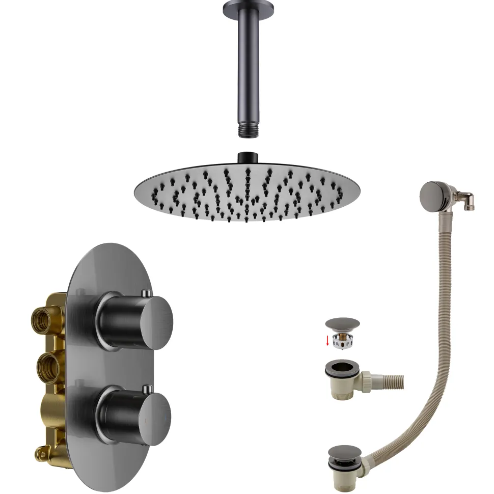 Harbour Clarity Gunmetal Shower Package with 2 Outlet Valve, Fixed Head & Ceiling Arm and Overflow Bath Filler